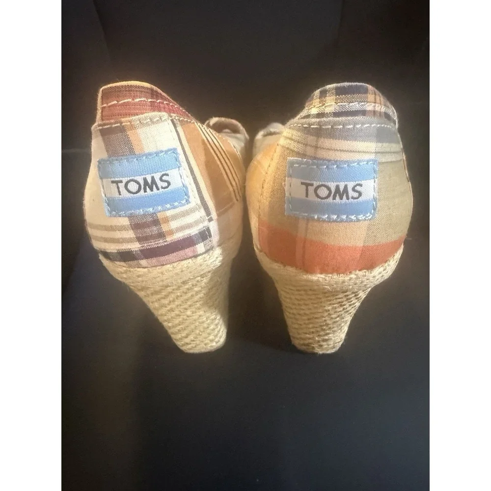 Toms Madras Plaid 10 Patchwork Espadrille Wedge Peep Toe Shoes boho